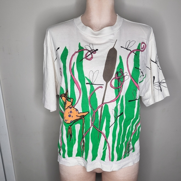 Vintage Tops - Vintage 90s White Cropped Graphic T-Shirt Green Reeds Orange Fish One Size
